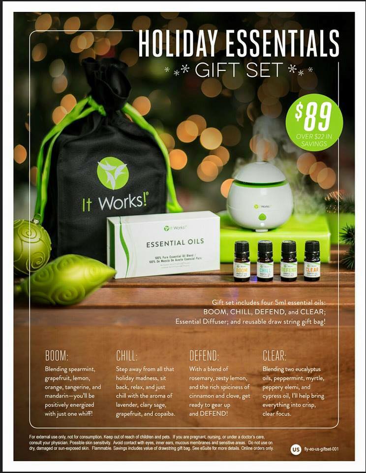 It Works! is ready to help with your holiday shopping! Choose between 2 holiday sets (Merry, Clean & Bright or Yule-Tighten Greetings) & a Holiday Essentials Set with pure, uncut essential oils to get started! 